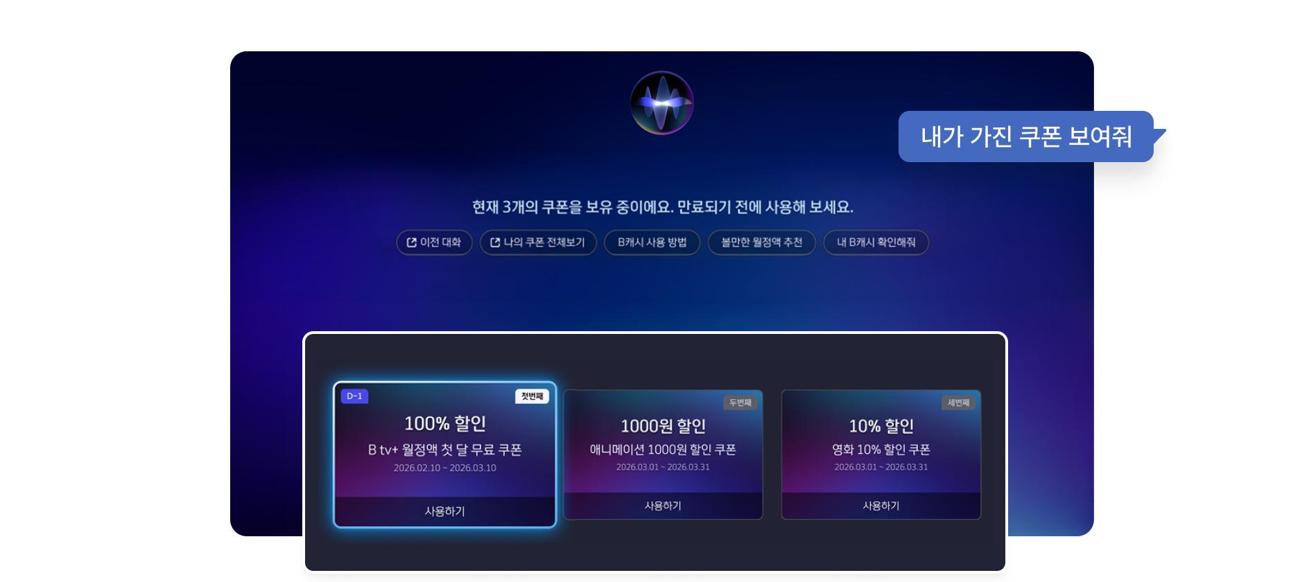 보유 쿠폰과 할인 정보를 안내하는 B tv 화면