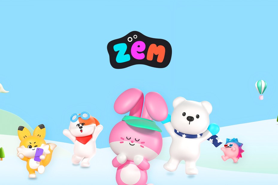 ZEM 로고 아래 모여 있는 ZEM 캐릭터 정백이, 폭스타, 토블리, 에스곰, 반해찌